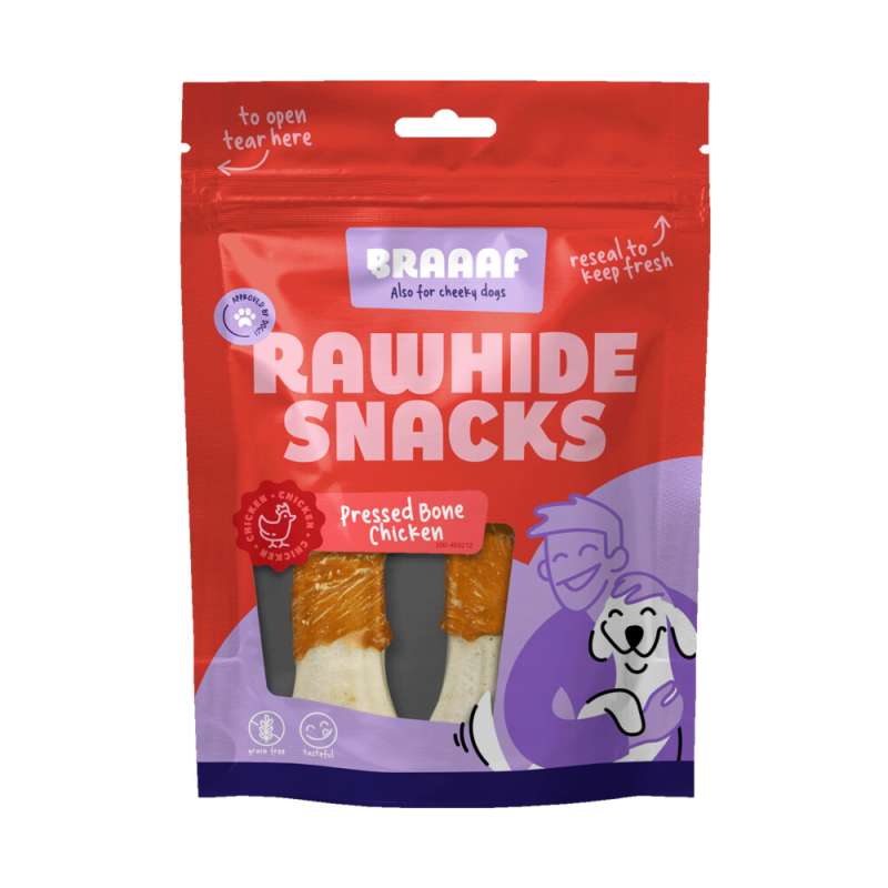 Braaaf rawhide hondensnack geperst bot kip 12,5 cm 2 stuks