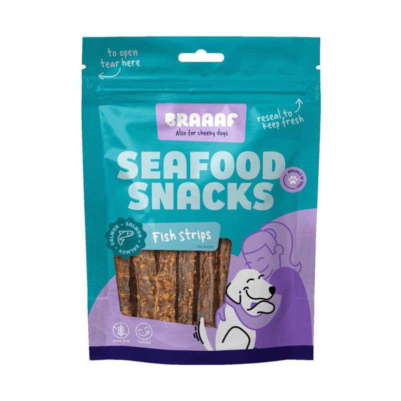 Braaaf hondensnack seafood Zalm visstrips 12 cm