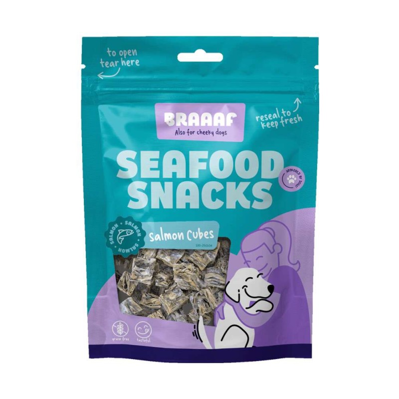 Braaaf hondensnack seafood zalmblokjes 70 gram