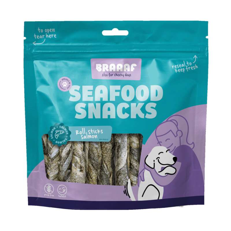 Braaaf hondensnack seafood zalm roll sticks 12 cm 175 gram
