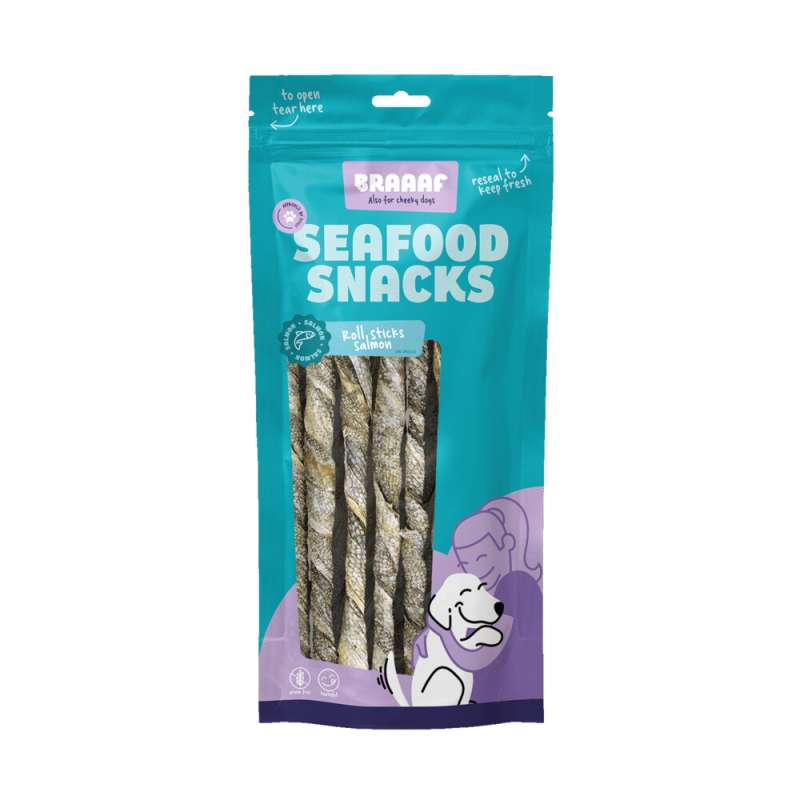 Braaaf hondensnack seafood zalm kauwsticks 20cm 8 stuks