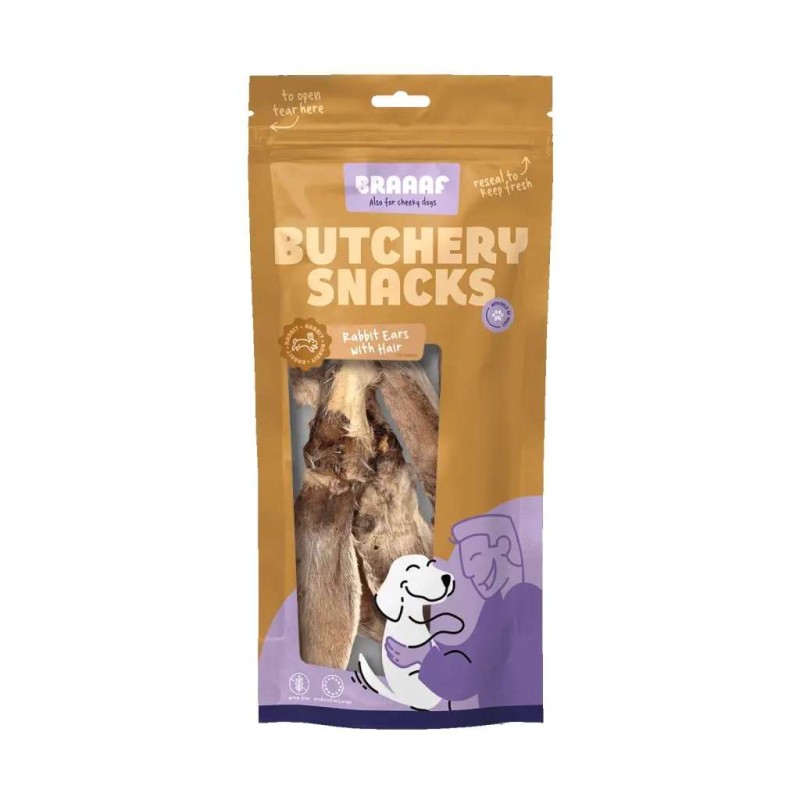 Braaaf Butchery Hondensnacks Konijnenoren met haar 80 gram