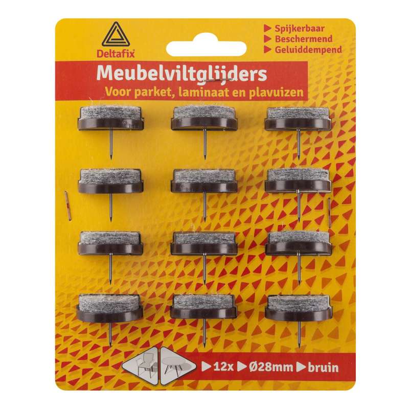 Meubelglijder vilt grijs met nagel houder bruin 28 mm 12 stuks