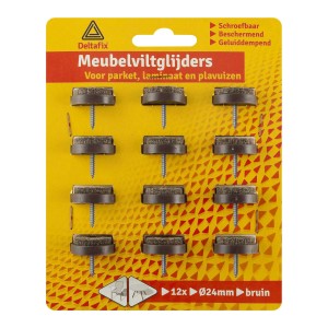 Meubelglijder vilt grijs met schroef houder bruin 24 mm 12 stuks