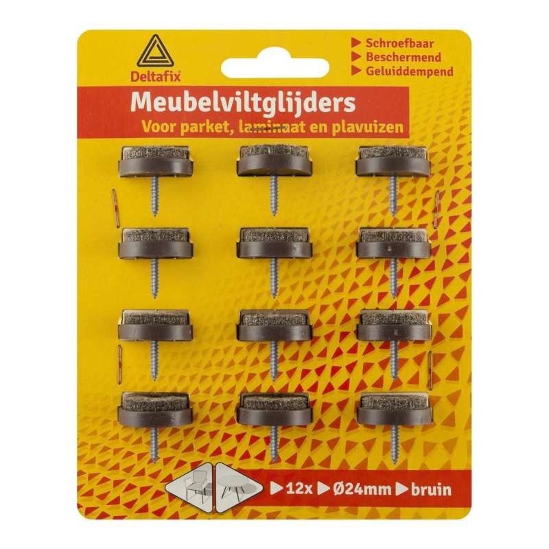 Meubelglijder vilt grijs met schroef houder bruin 24 mm 12 stuks
