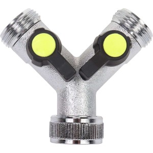 Y-vertakking met 2 bolkraantjes ingang 1" inwendige draad en uitgang 3/4" uitwendige draad