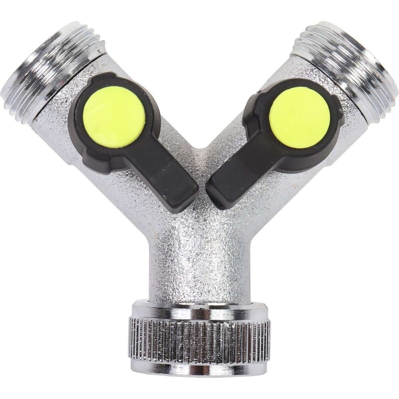 Y-vertakking met 2 bolkraantjes ingang 1" inwendige draad en uitgang 3/4" uitwendige draad
