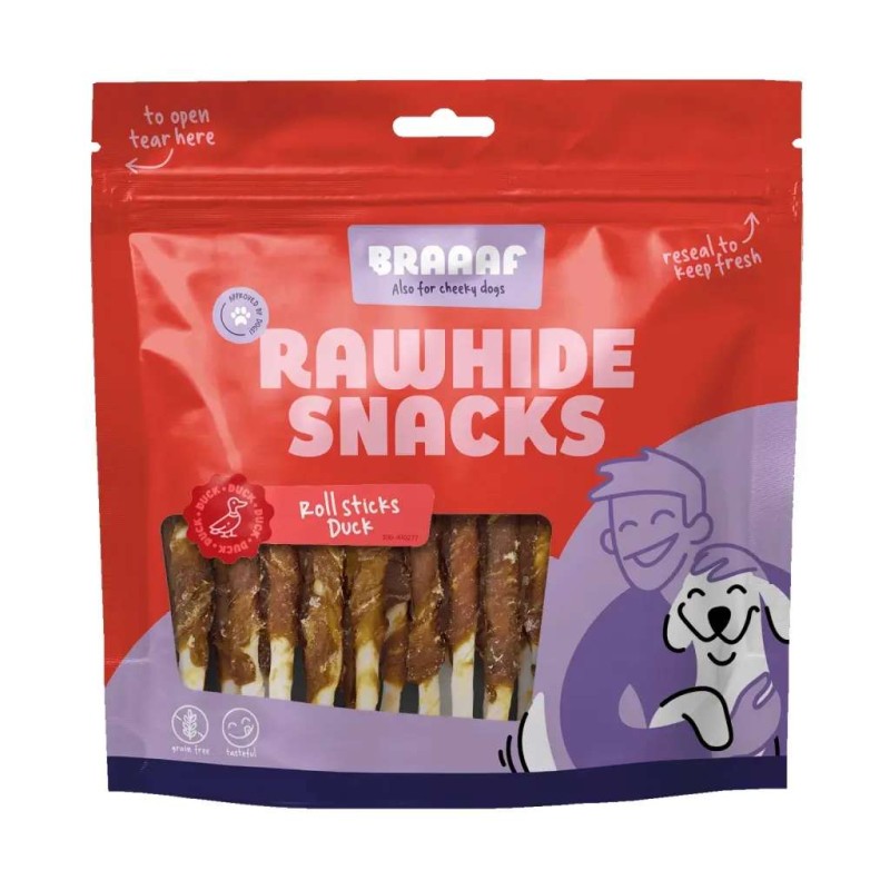 Braaaf hondensnack rawhide roll sticks eend 30 stuks