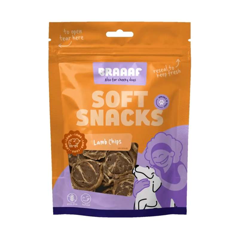Braaaf soft snack chips met lam en vis 85gr