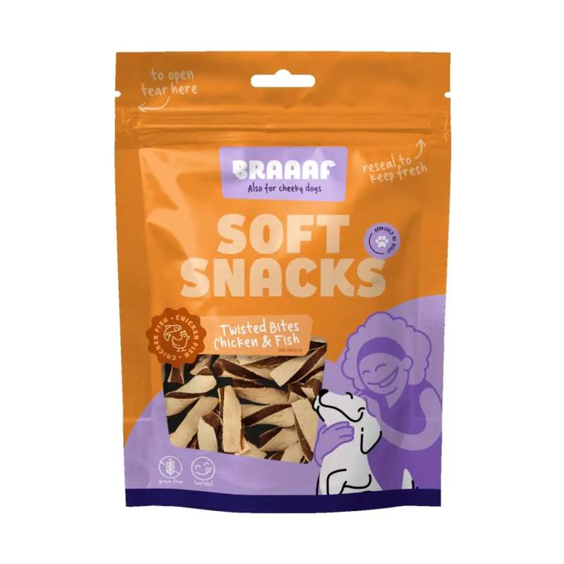 Braaaf honden soft snack gedraaide staafjes kip en vis