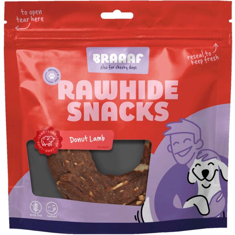 Braaaf rawhide honden kauwdonut lam en vis