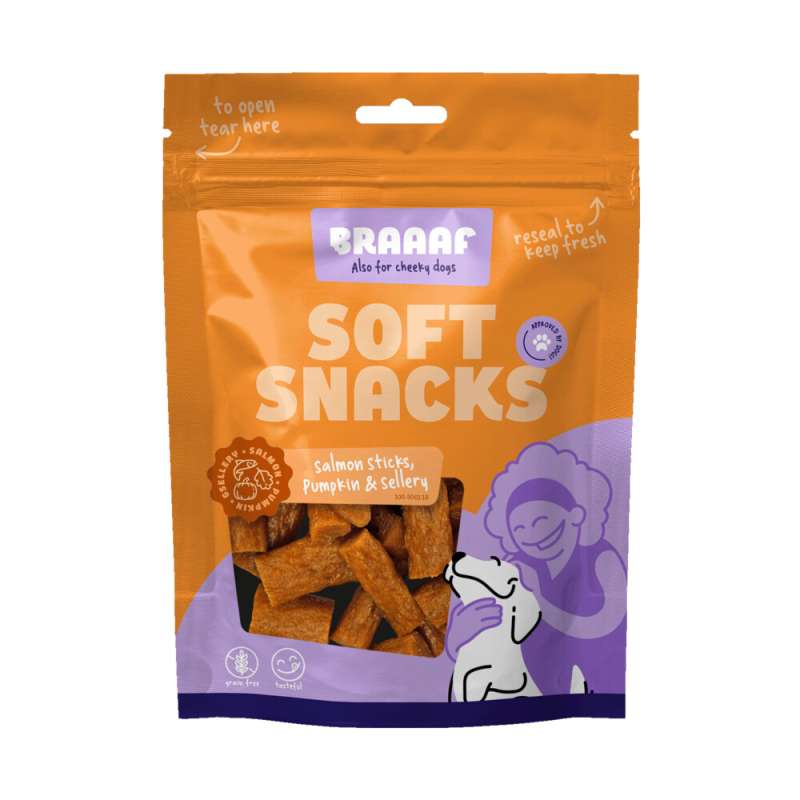 Braaaf honden soft snack zalmstick met pompoen en selderij