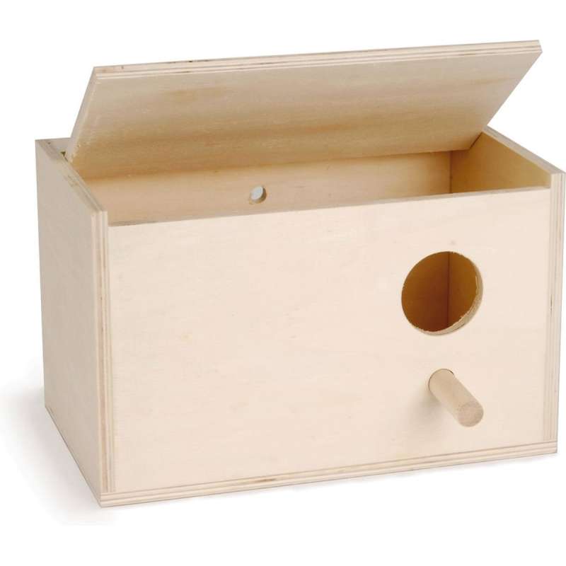 Houten broedkast met gat rechts voor parkieten
