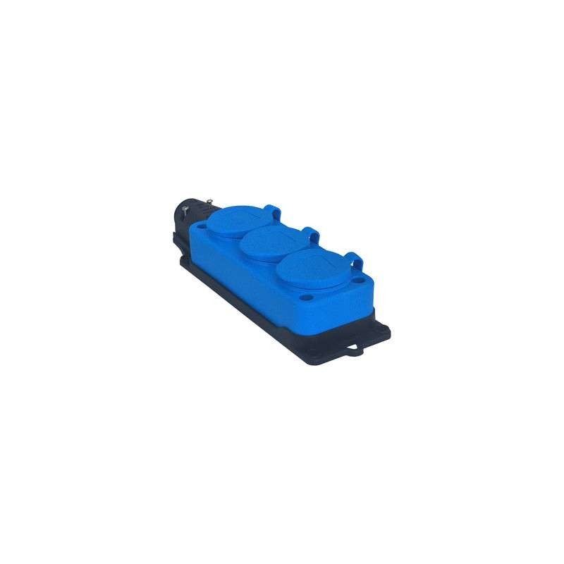 Stekkerdoos RA rubber 3 voudig met deksel IP44 blauw