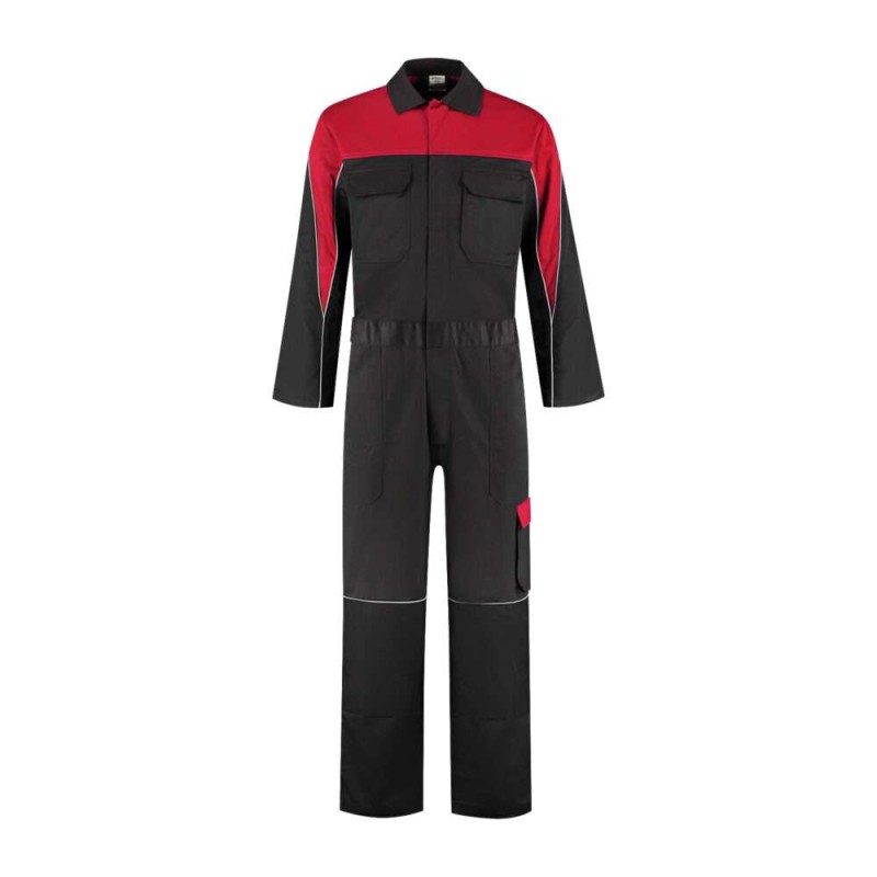 Garage overall polyester/katoen 4-way stretch rugpand zwart/rood