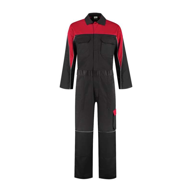 Garage overall polyester/katoen 4-way stretch rugpand zwart/rood