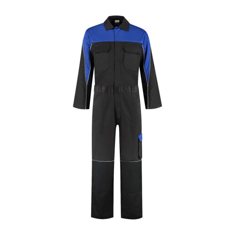 Garage overall polyester/katoen 4-way stretch rugpand zwart/korenblauw
